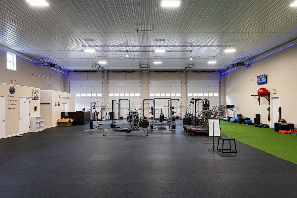 Interior view of fitness gym in a pole building
