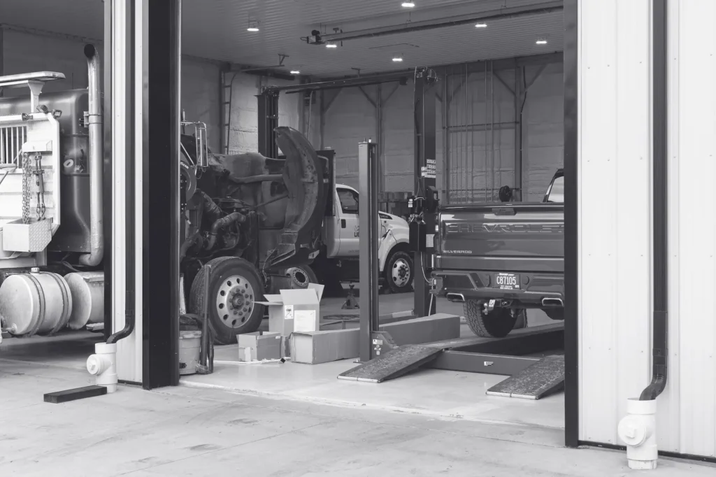 Black and White Image of Vehicle Repair Facility